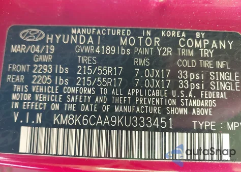 2019 Hyundai Kona Sel from USA, damaged, VIN KM8K6CAA9KU333451